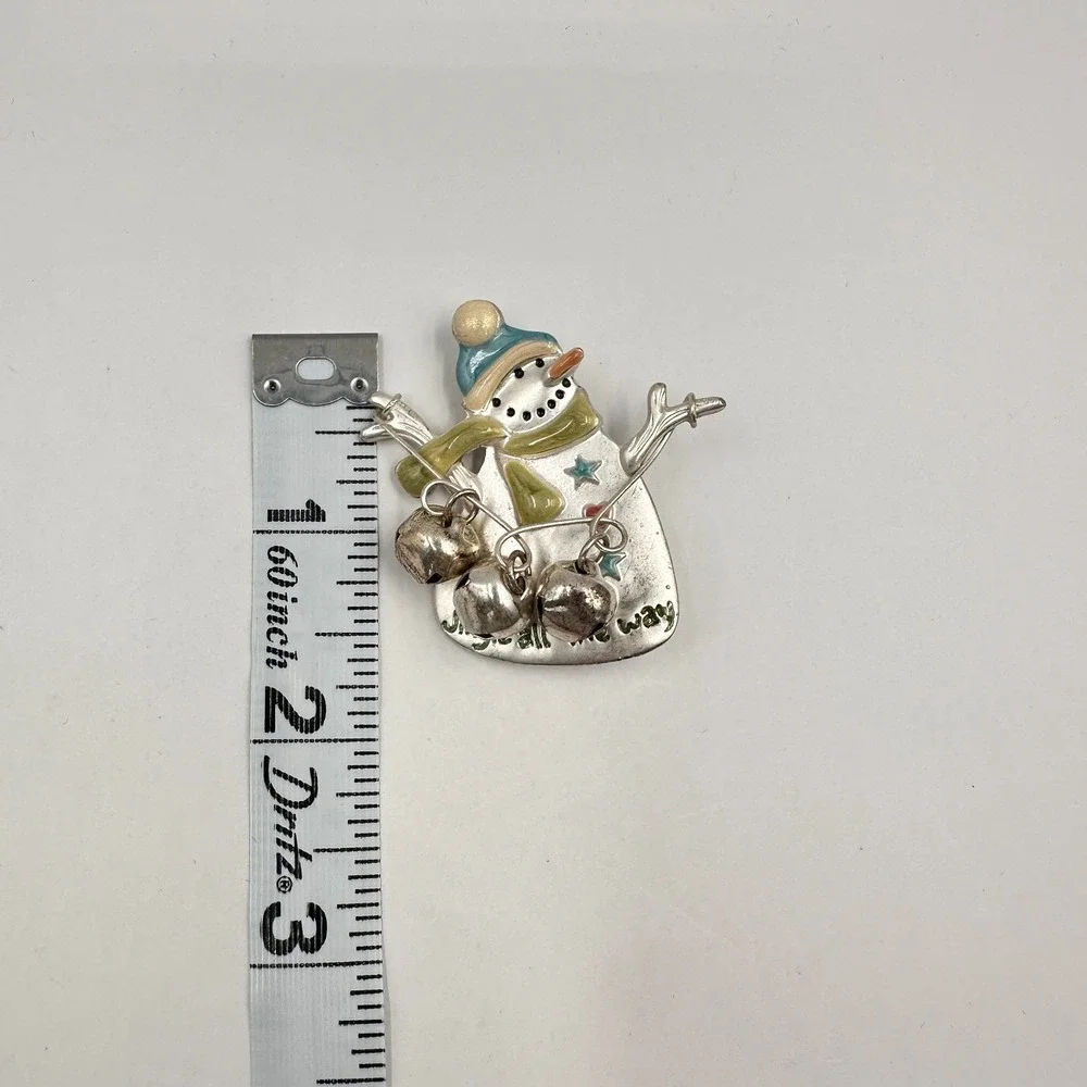 Vintage 90s Snowman Brooch Set Jingle‎ All The Way Bells Christmas Holiday Pins